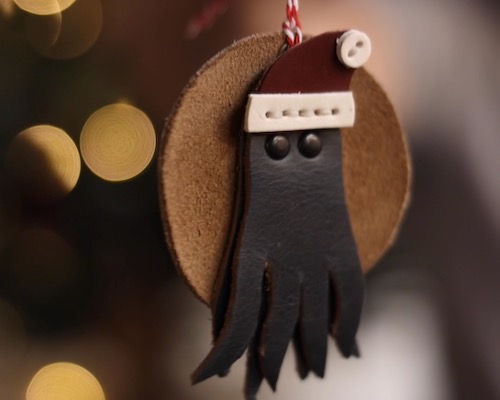 Leather Octopus Christmas Ornament with Santa Claus Hat